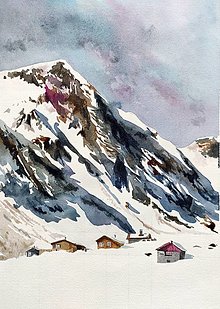 Obrazy - Švajčiarske Alpy, akvarelová maľba - 13396254_
