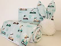 Detský textil - detska deka a vankus minky biela zajac v aute - 13403749_