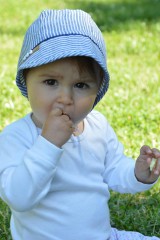 Detské čiapky - čepček 100% ľan pásik s menom (modrá) - 13400182_