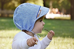 Detské čiapky - čepček 100% ľan pásik s menom (modrá) - 13400186_