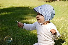 Detské čiapky - čepček 100% ľan pásik  (modrá) - 13400529_