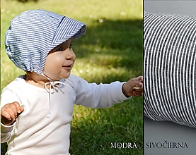 Detské čiapky - čepček 100% ľan pásik  (sivočierna) - 13400547_