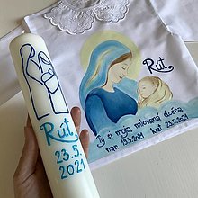 Detské oblečenie - Maľovaná krstná košieľka s bábätkom v náručí Panny Márie (+ svieca s maľbou sv. Rodiny a menom+ dátumom) - 13406174_