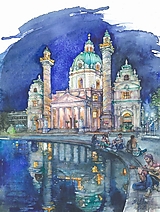 Obrazy - Akvarelový obraz "Večer v meste" - 13410789_
