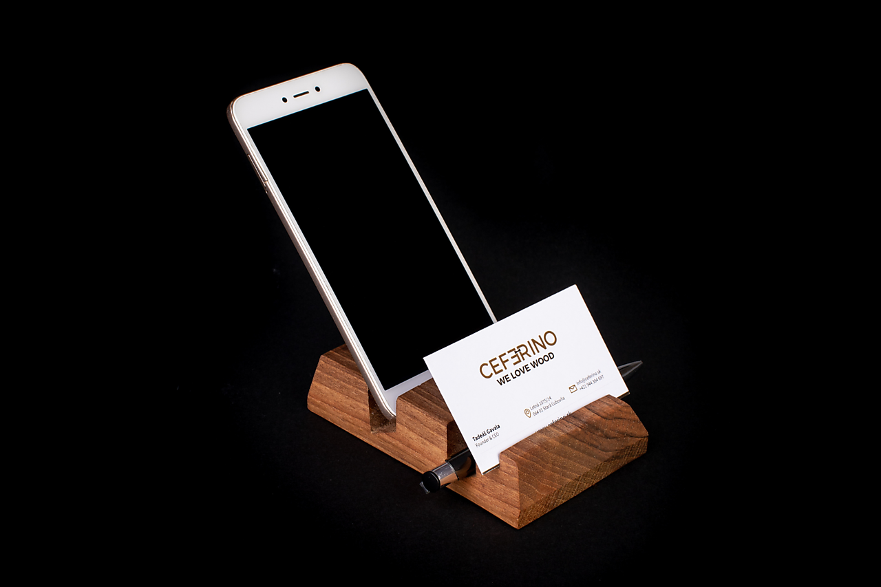 Držiak na mobil a vizitky drevený