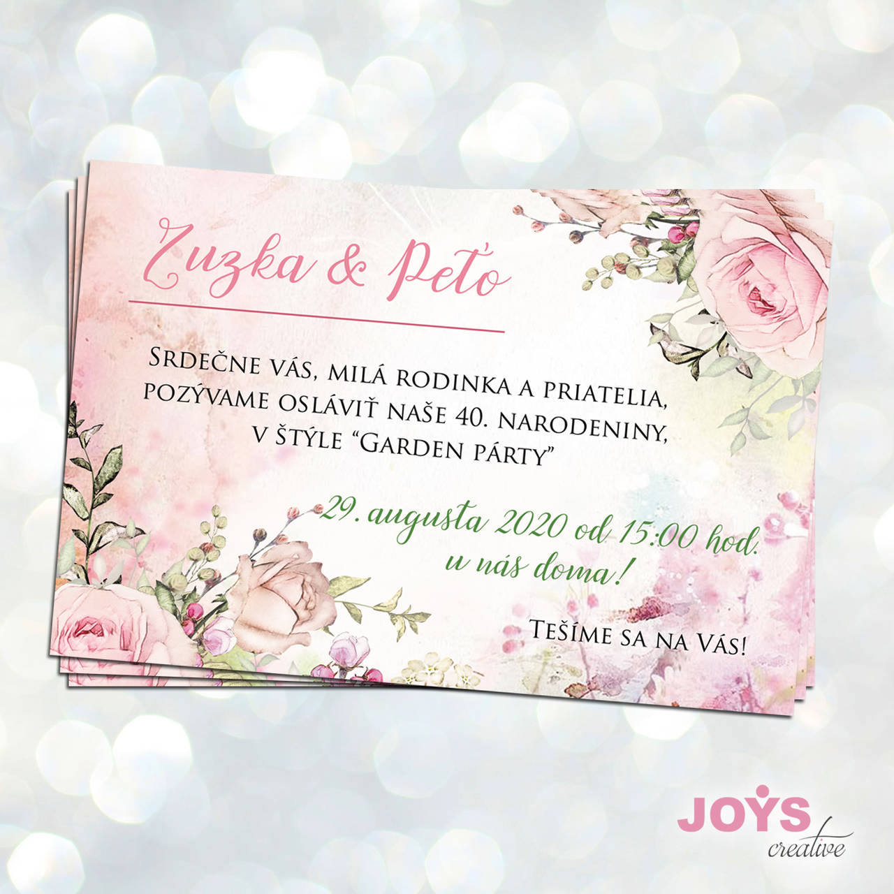 Pozvánka na narodeniny, narodeninová pozvánka s ružovými ružami