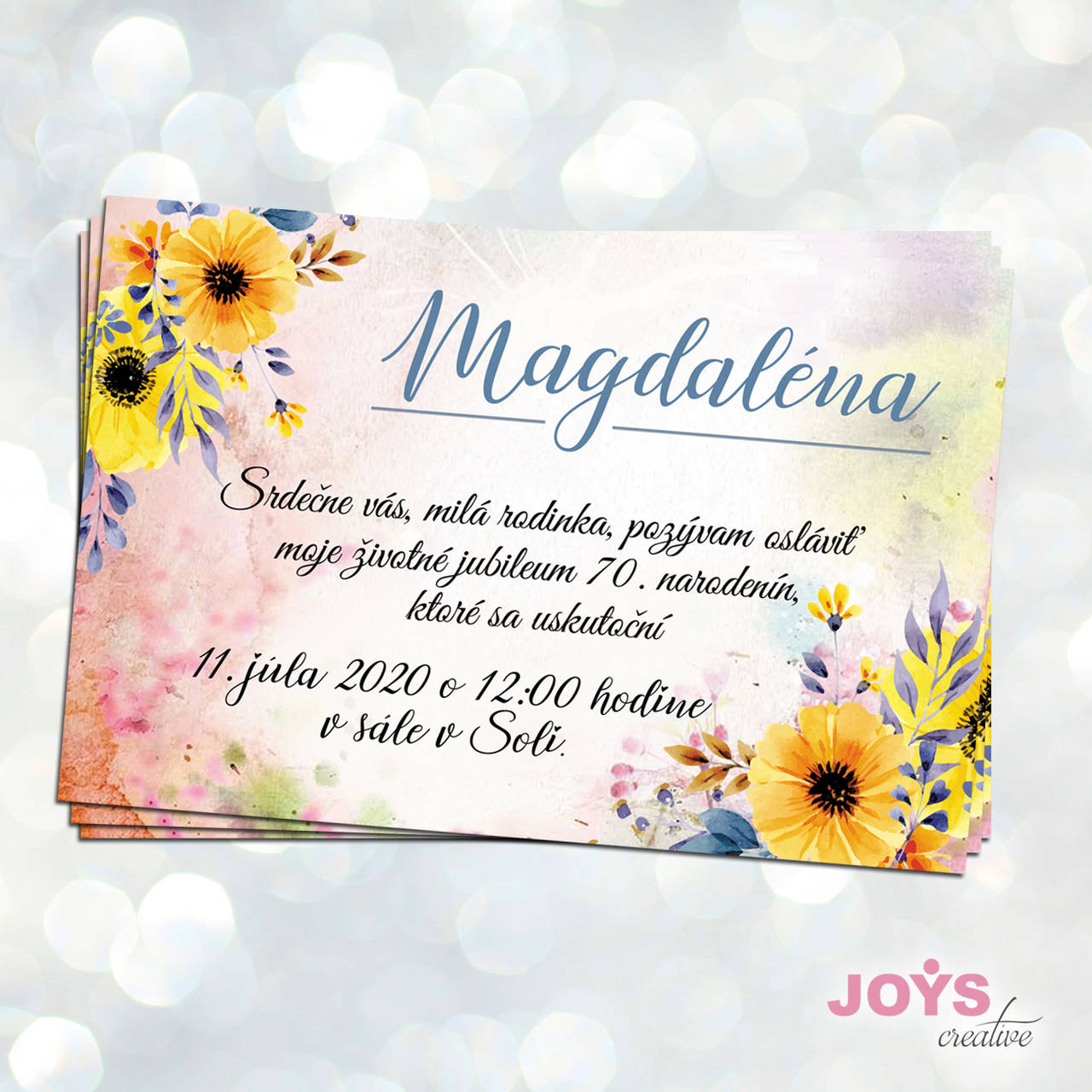 Pozvánka na narodeniny, narodeninová pozvánka žlto modré kvety