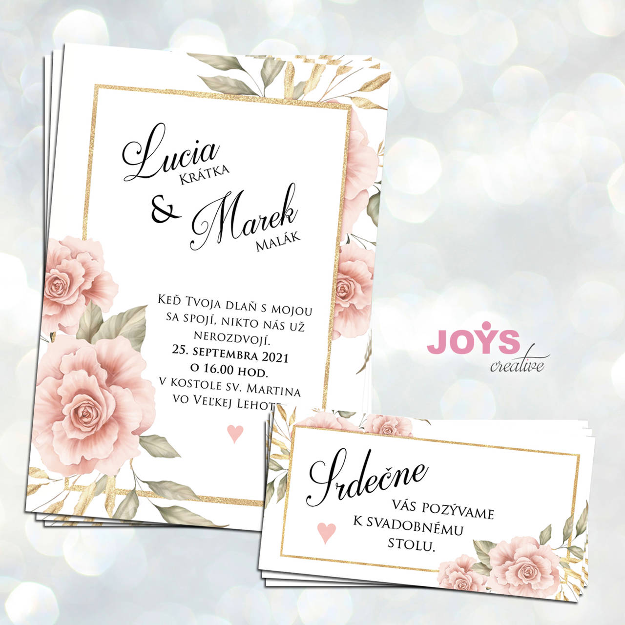 Svadobné oznámenie s jemnými ružami a zlatým rámom  A04