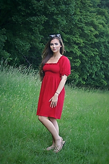 Šaty - Malinovo červené mušelínové šaty s balónovými rukávmi - 13469500_