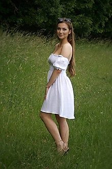 Šaty - Biele mušelínové šaty s mini balónovými rukávmi - 13469546_