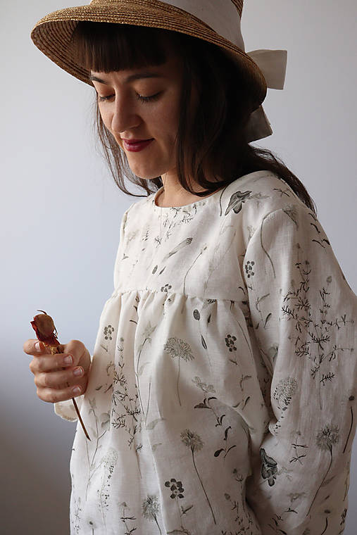 Topy - Nariasená akvarelová, ľanová Blúzka - 13476439_