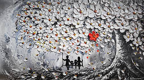 Obrazy - Rodinný strom- čierno biela verzia s farebným akcentom - 13477448_