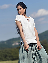 Topy, tričká, tielka - Lněná halenka bílá s vázačkou - 13476498_