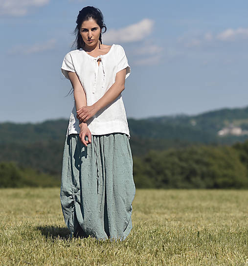 Topy, tričká, tielka - Lněná halenka bílá s vázačkou - 13476505_
