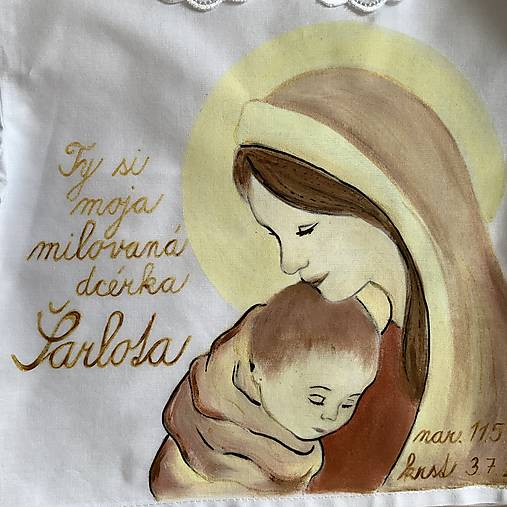 Maľovaná krstná košieľka a svieca s bábätkom v náručí Panny Márie (+ svieca v bronzovo zlatej)