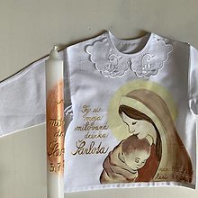 Detské oblečenie - Maľovaná krstná košieľka s bábätkom v náručí Panny Márie (+ svieca v bronzovo zlatej) - 13480946_