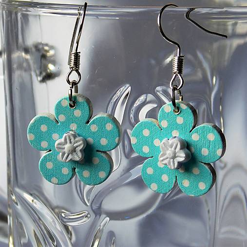 Náušnice - Drevené náušničky Kvietočkové tyrkysové - 13485448_