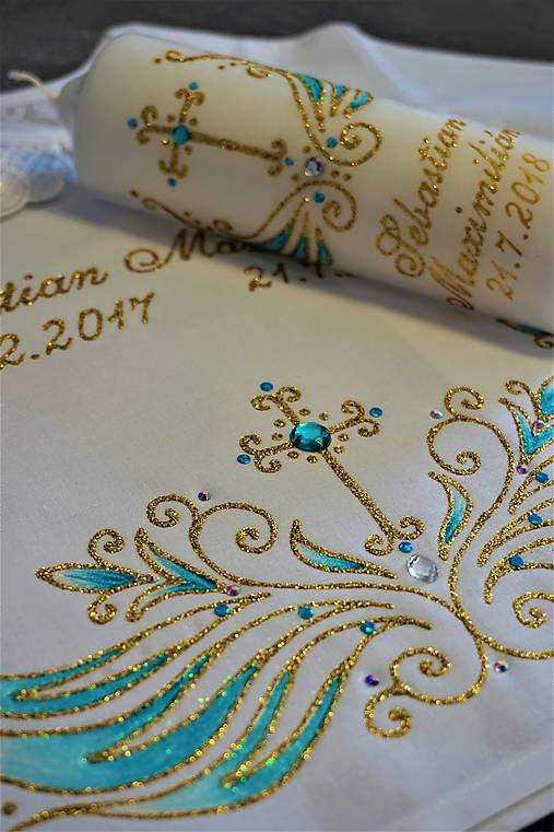 Detské oblečenie - krstový set s ornamentom - modrá - 13499549_