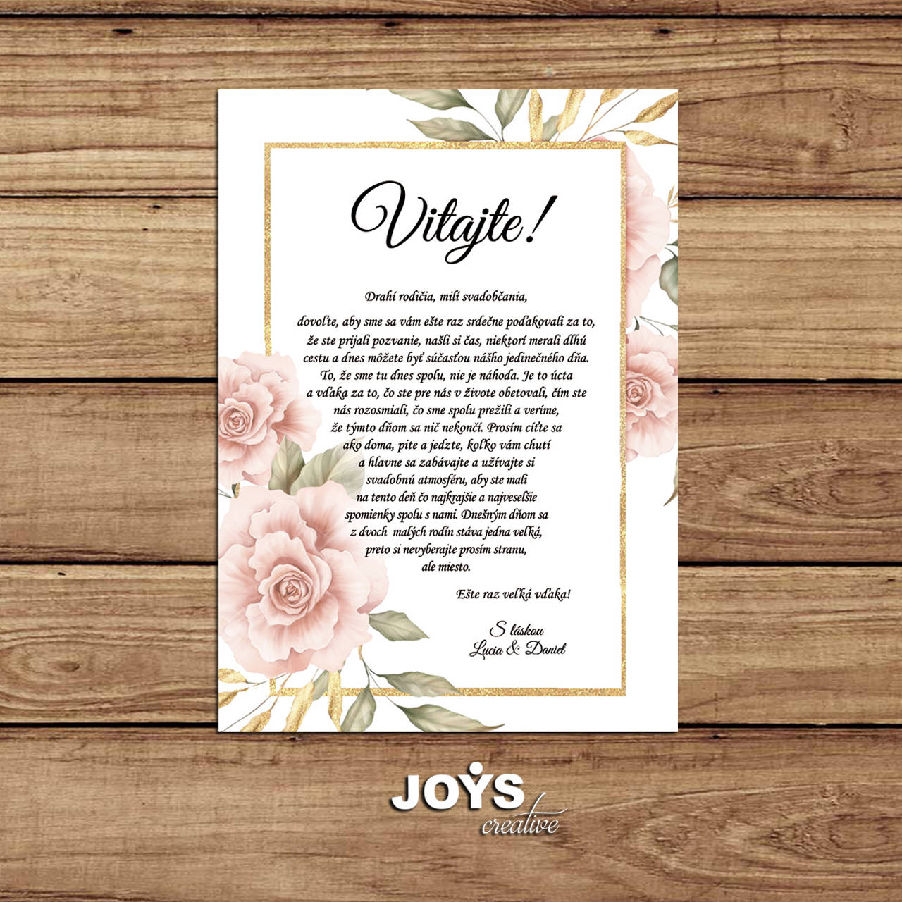 Svadobná tabuľa Vitajte na našej svadbe (Dizajn s jemnými ružami a zlatým rámom menší)
