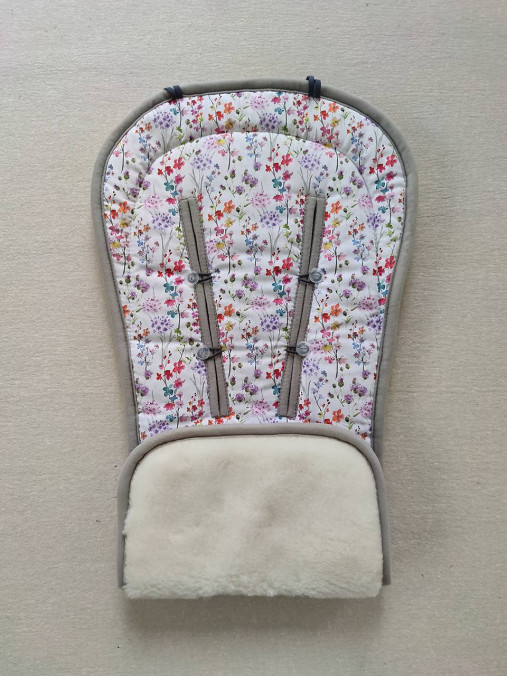 Detský textil - VLNIENKA podložka do kočíka KinderKraft ALL ROAD  100% MERINO TOP SUPER WASH Natural Kvietky FR blue SL  - 13525189_