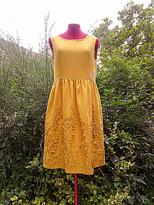 Šaty - Žlté ľanové šaty - 3D kvety (rôzne farby) - 13530874_