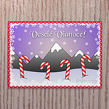 Papiernictvo - Vianočná pohľadnica sneží/nasnežilo - vianočné lízatka - 13536570_