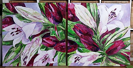 Obrazy - Obraz na stenu, maľba, originál  (Diptych Ľalie a tulipány) - 13544356_