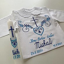Detské oblečenie - Krstná ručne maľovaná ľudovoladená (odtiene modrej (košieľka + svieca)) - 13550188_