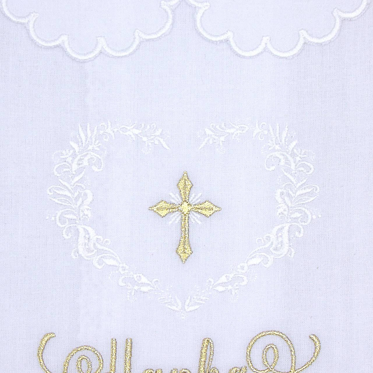 Zlato biela košieľka na krst s ornamentovým srdiečkom a krížikom s čipkovým lemovaním