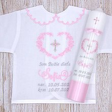 Detské oblečenie - Ružová košieľka na krst s krásnym ornamentovým srdiečkom a krížikom (set Košieľka + sviečka +SBD + darčeková krabica) - 13565955_