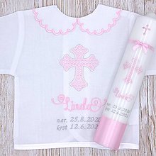 Detské oblečenie - Ružová košieľka na krst Kríž vyšitý srdiečkami (set sviečka + košieľka + SBD + darčeková krabica) - 13566720_