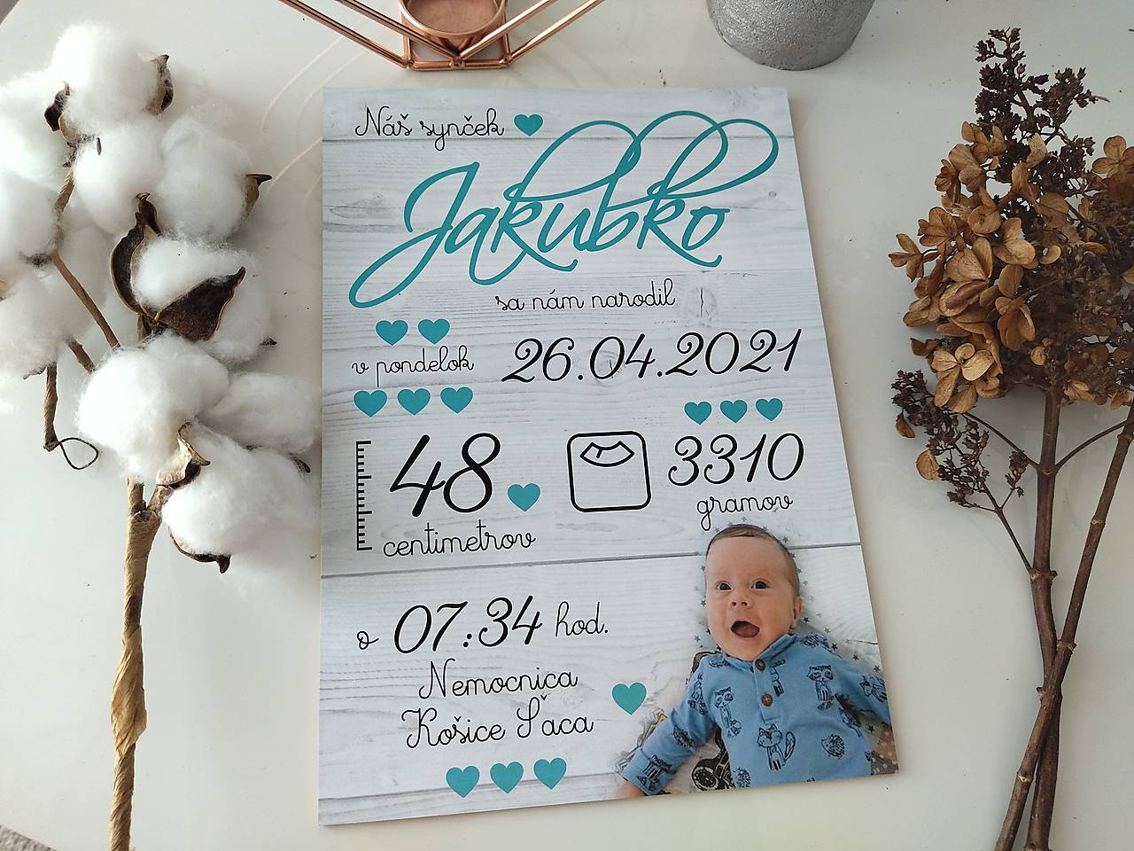 Detská tabuľka, tabuľka pre dieťa s údajmi o narodení dieťatka (Font - písaný 27x19)