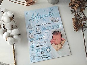 Tabuľky - Detská tabuľka, tabuľka pre dieťa s údajmi o narodení dieťatka (Modrá s macíkmi 27x19) - 13575773_