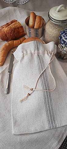 Úžitkový textil - Vrecko na veľký chlieb a pečivo z ručne tkaného ľanu 40 x 29 cm s koženým pútkom - 13576947_