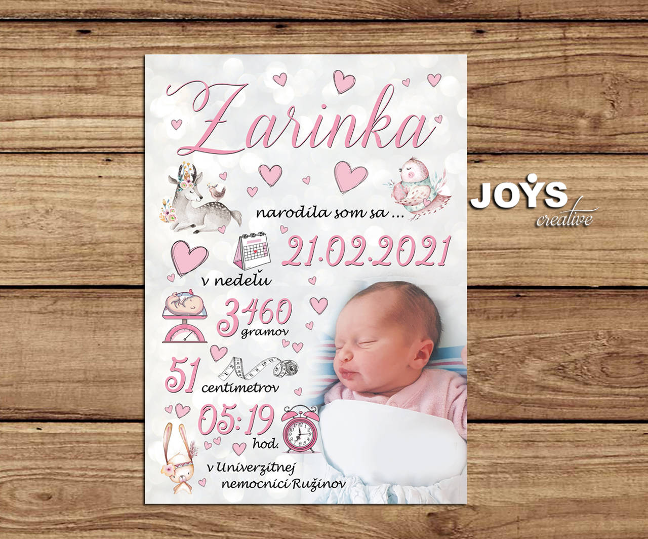 Detská tabuľka, tabuľka pre dieťa s údajmi o narodení dieťatka (Pozadie s iskričkami, lesné zvieratká 27x19cm)