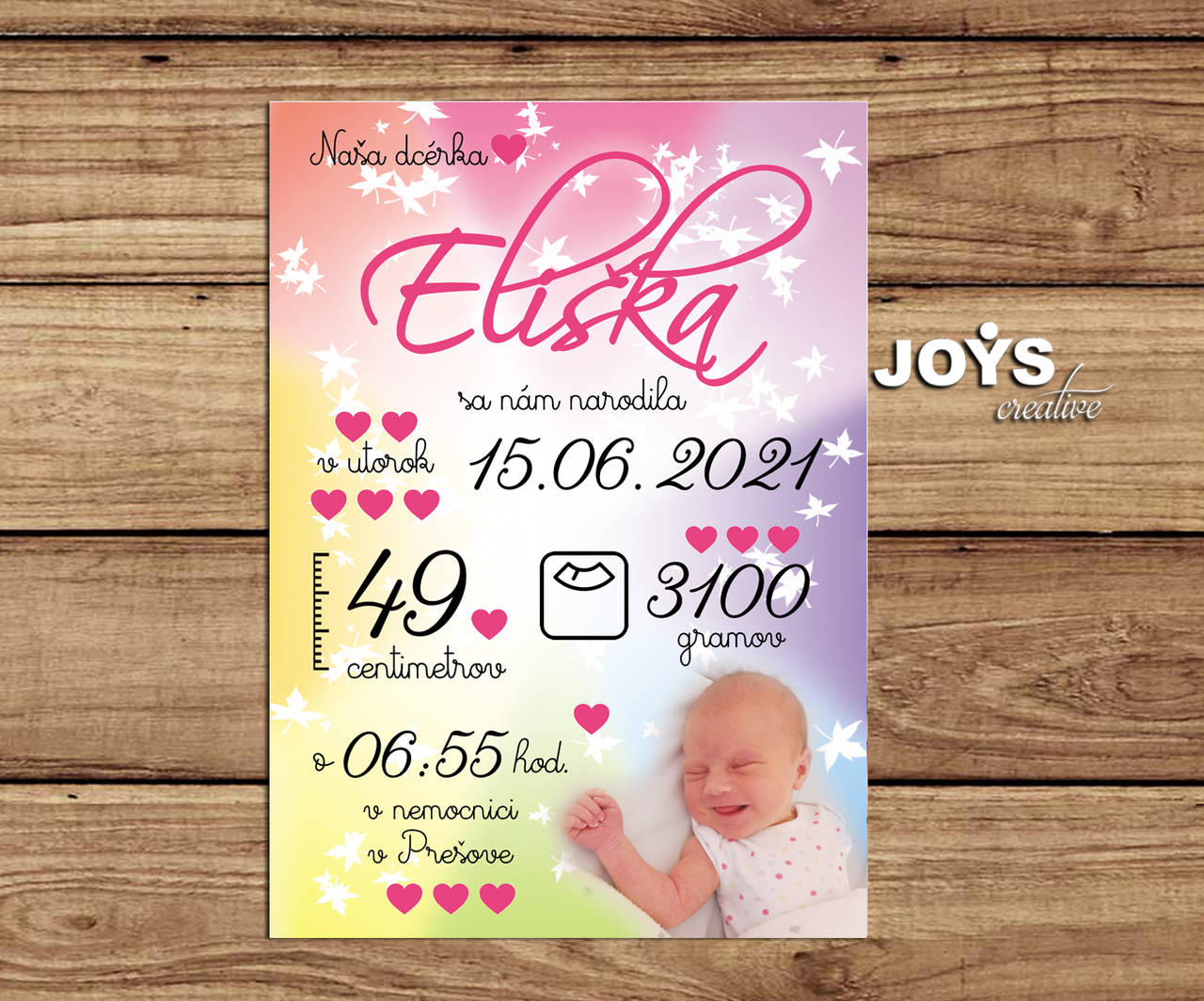 Detská tabuľka, tabuľka pre dieťa s údajmi o narodení dieťatka (Farebné pozadie 27x19cm)