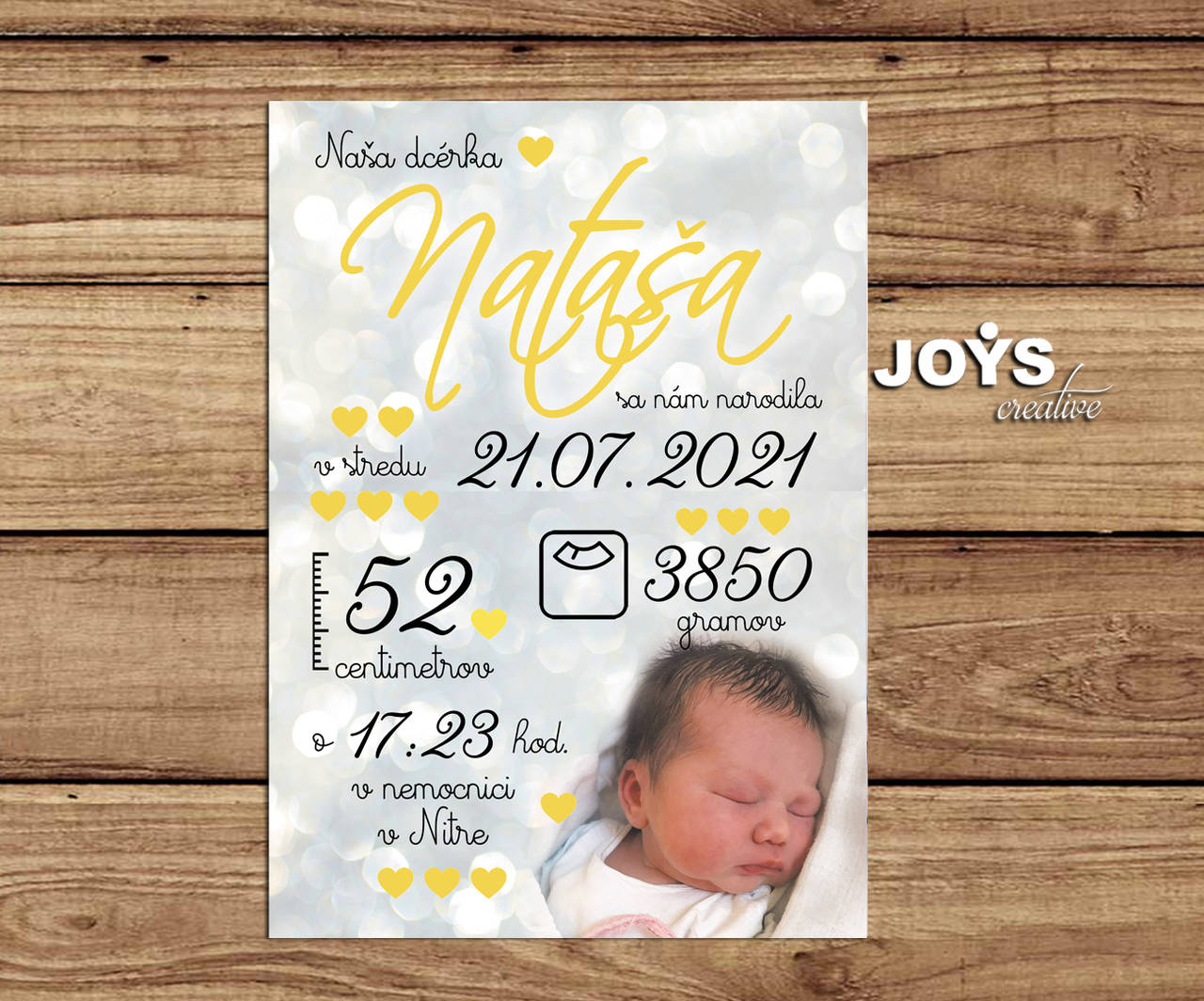 Detská tabuľka, tabuľka pre dieťa s údajmi o narodení dieťatka (Pozadie s iskričkami, žlté písané písmo 27x19cm)