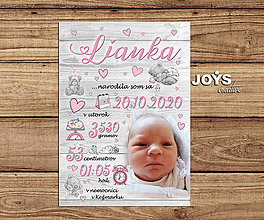 Tabuľky - Detská tabuľka, tabuľka pre dieťa s údajmi o narodení dieťatka (Sivé drevené pozadie s macíkmi, ružové písmo,  27x19cm) - 13577691_