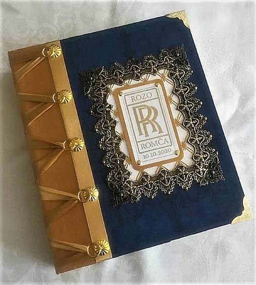 Papiernictvo - Veľká svadobná kniha hostí vo viktorianskom štýle modro-zlatá - 13579950_