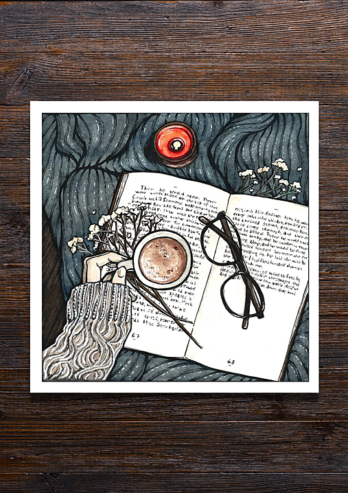 Obrazy - Káva s knihou - art print - tlač 20x20 - 13585280_