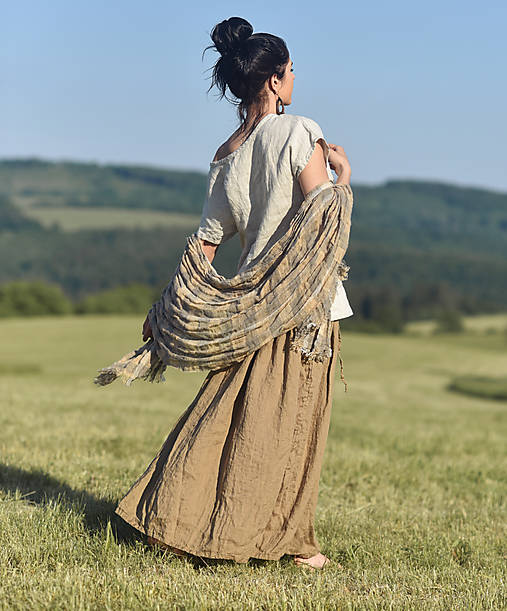 Sukne - Lněná maxi sukně Oříškově hnědá - 13587387_