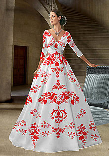 Šaty - FLORAL FOLK " Slovenská ornamentika ", spoločenské dlhé šaty (Biely + červený akvarel) - 13596356_