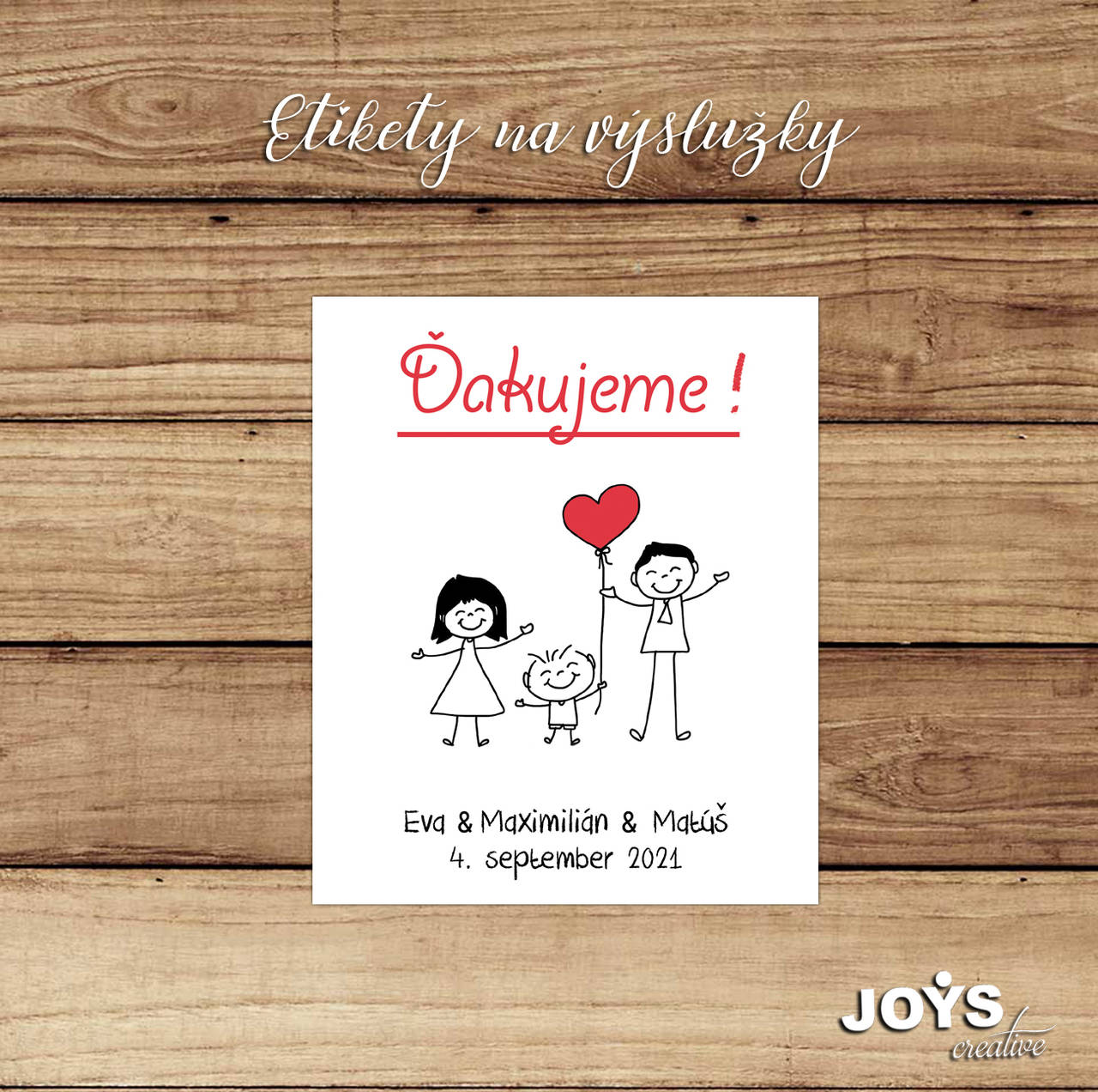 Samolepiace svadobné etikety na výslužky s kreslenými postavičkami