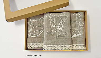 Úžitkový textil - vyšívané utierky (ľanové utierky-3ks + krabička) - 13618137_