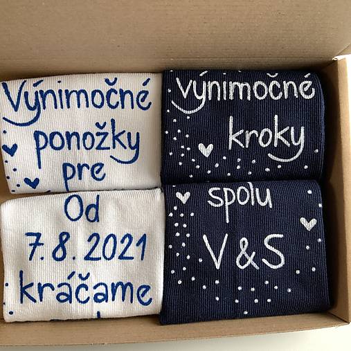 Maľované ponožky pre novomanželov s nápisom "Výnimočné ponožky pre výnimočné kroky/ Od (dátum) kráčame spolu ((MODRÉ+BIELE))