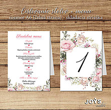 Papiernictvo - Svadba - číslovanie stolov, obojstranná strieška s menu, dizajn ružové ruže "Rose" - 13623153_