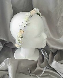 Ozdoby do vlasov - Svadobný béžovo -biely kvetinový venček - 13635810_