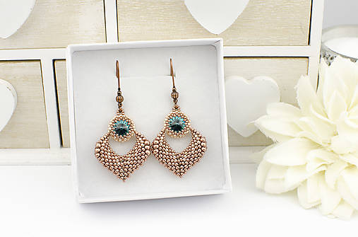  - šité náušnice MARÍNA (rose gold - tyrkys) - 13640271_