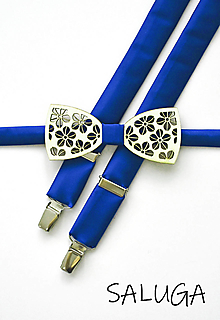 Pánske doplnky - Pánsky motýlik a traky  - drevený - vzorovaný - kráľovsky modrý - 13646443_