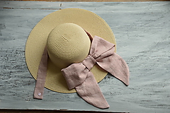 Čiapky, čelenky, klobúky - Dámsky letný klobúk slamený s odopínateľnou mašlou -ľan (s mašlou) - 13659478_